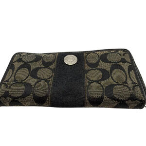 Coach Signature C Zip Around Black Canvas Leather Wallet
